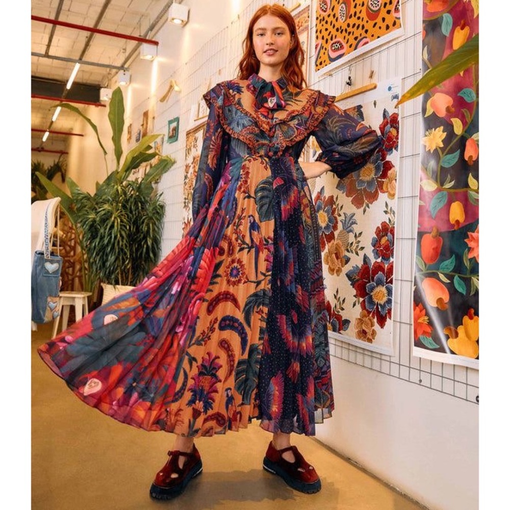 Farm Rio Dress Pleated Midi Long Sleeve Mixed Print Collar Art To Wear Size M